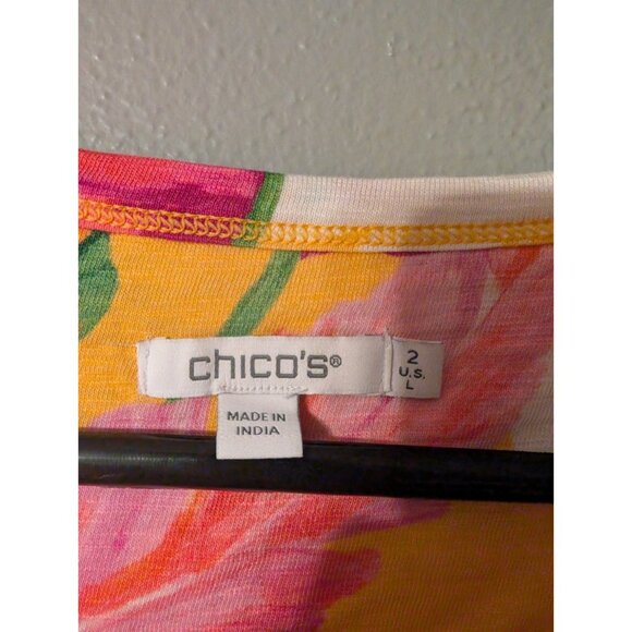 Chico's Top Size 2 L Yellow Pink Tropical Feather Print Cotton Modal Puff Sleeve - Picture 5 of 7